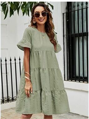 SHEIN Sage Green Tiered Short Flounce Sleeve Smock Dress